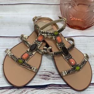 BCBGeneration Gold, Coral, Brown & Green Gibbons Gladiator Sandals Ladies Size 7